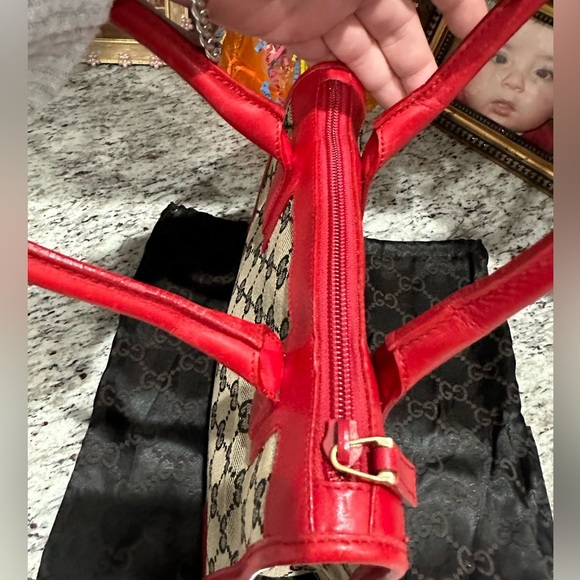 GUCCI MONOGRAM CANVAS MINI BAG W Red LEATHER DUAL HANDLES - Picture 11 of 15